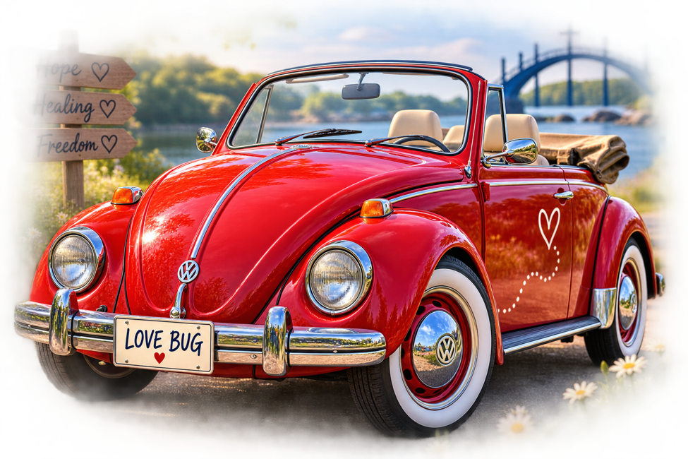 A red Love Bug with a heart on its door